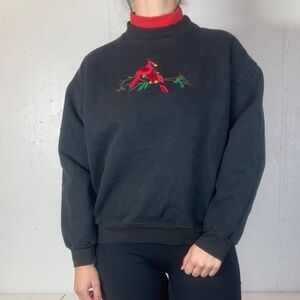 Vintage Black Embroidered Cardinal Bird Grandma Turtleneck Sweatshirt